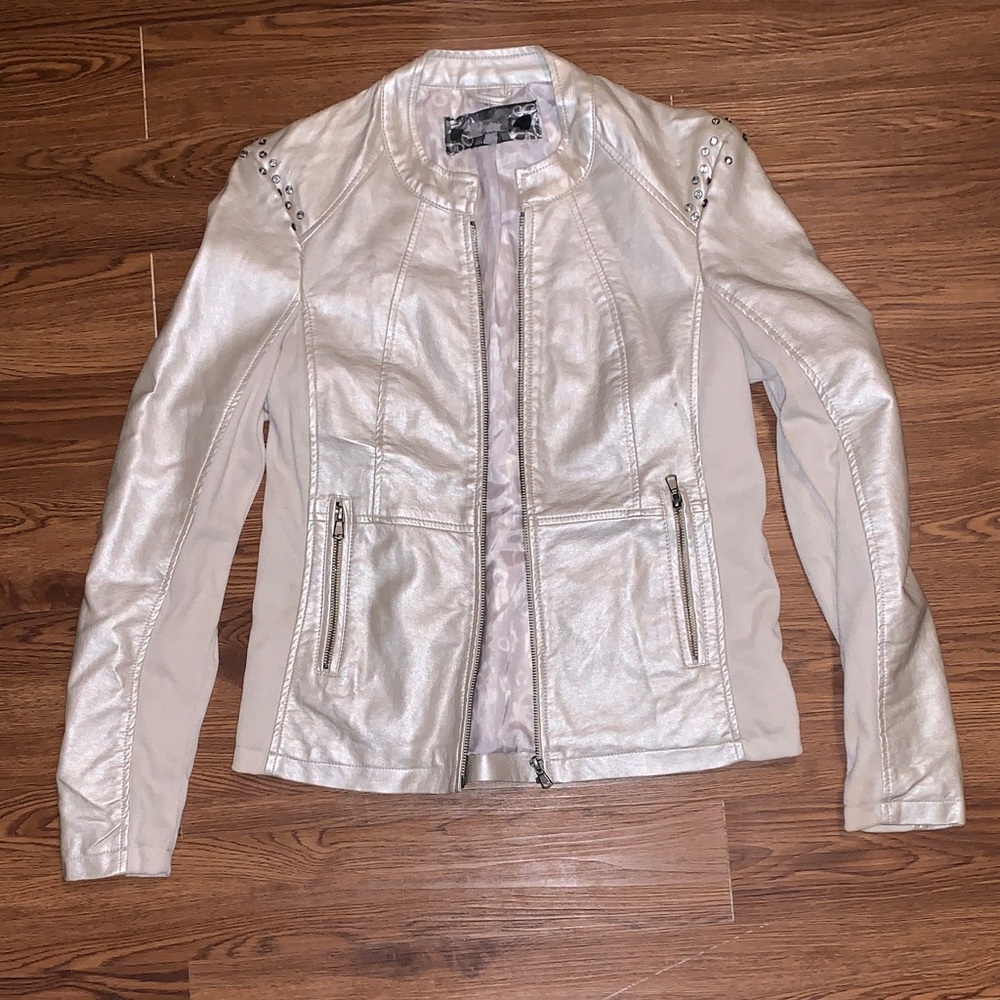 Daytrip Metallic Cream Moto Jacket with Shoulder Studs